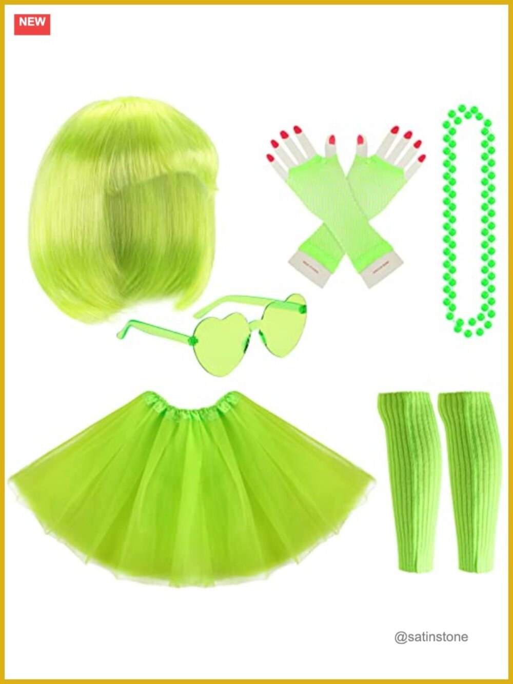 6 Pc Halloween Tutu Costume Set Neon Green Skirt Wig Gloves 80s Party